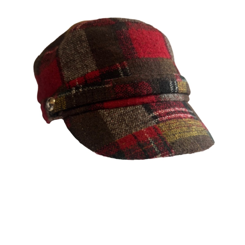 Scala Pronto Plaid Newsboy Cap Red Brown Wool Blend Flat Hat One Size Academia